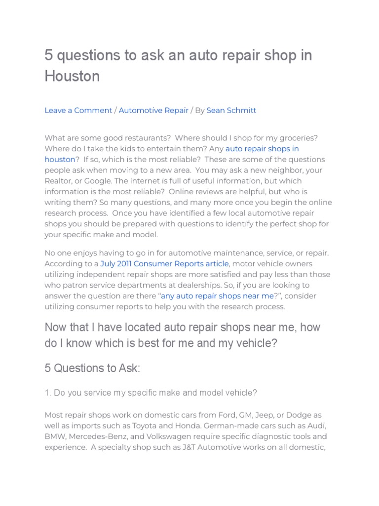 5 Questions To Ask An Auto Repair Shop in Houston. | PDF | Auto ...