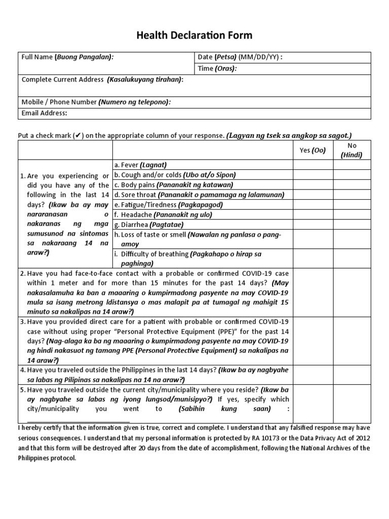 Health Declaration Form 2 | Download Free PDF | Health Care ...