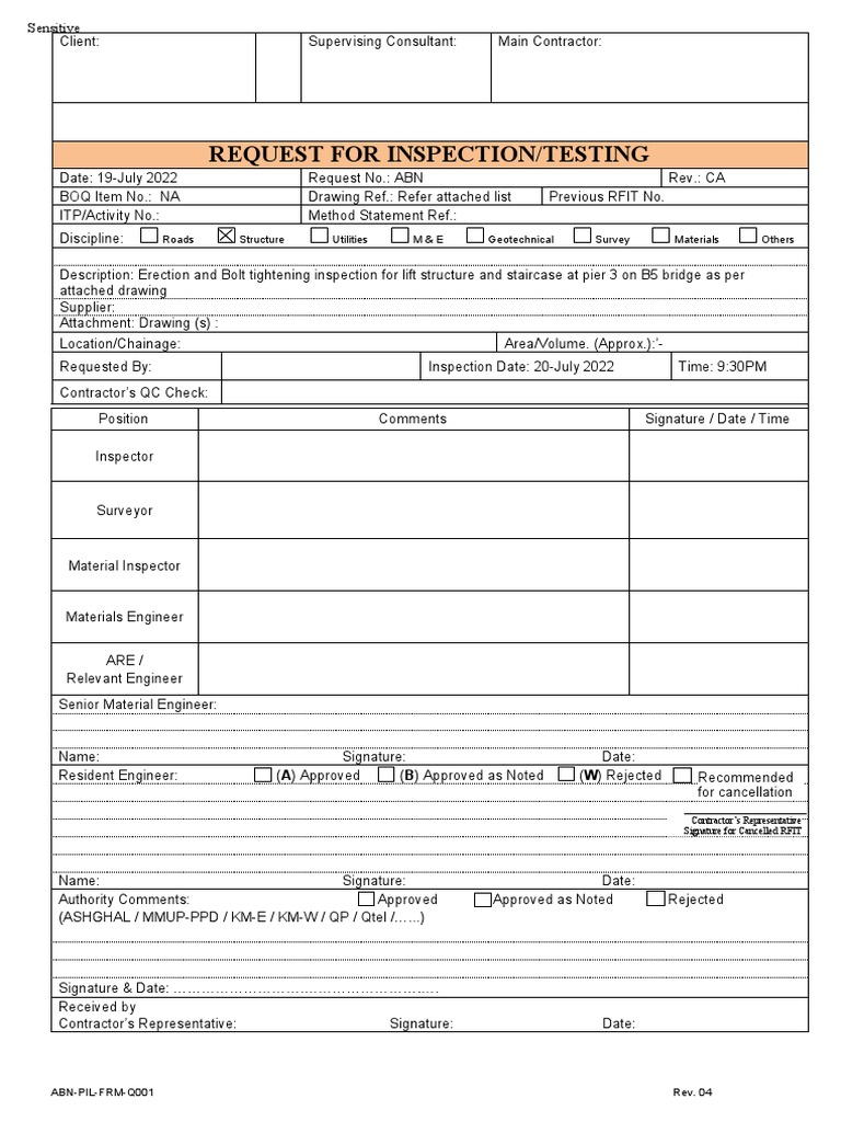 Inspection Request for Lift Structure | PDF | Engineering | Economic ...