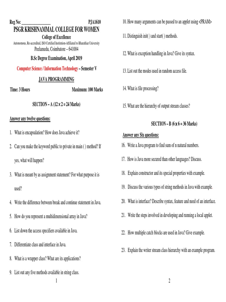 Java Programming Exam Questions 2019 | PDF | Java (Programming Language ...