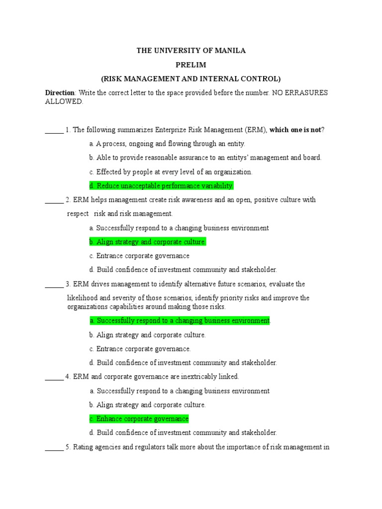 Prelim Risk Management and Internal Control | PDF | Internal Audit ...