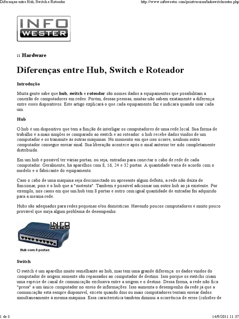 Diferenças Entre Hub, Switch e Roteador PDF Rede de computadores