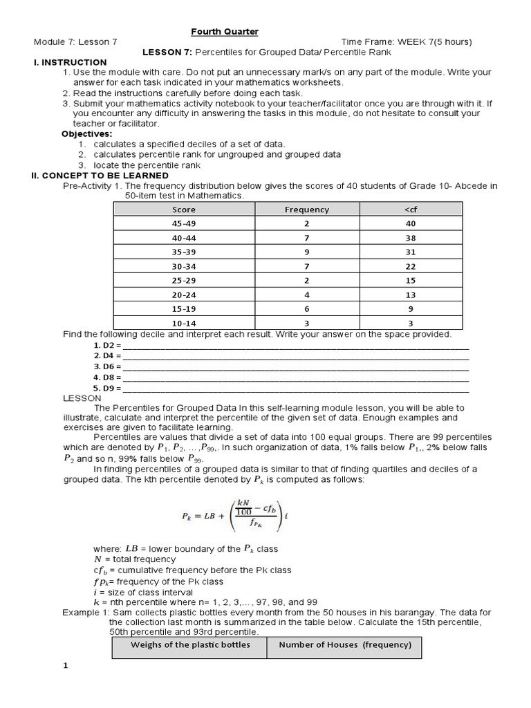 Math 10 - M7 - Q4 | PDF | Percentile | Mathematics
