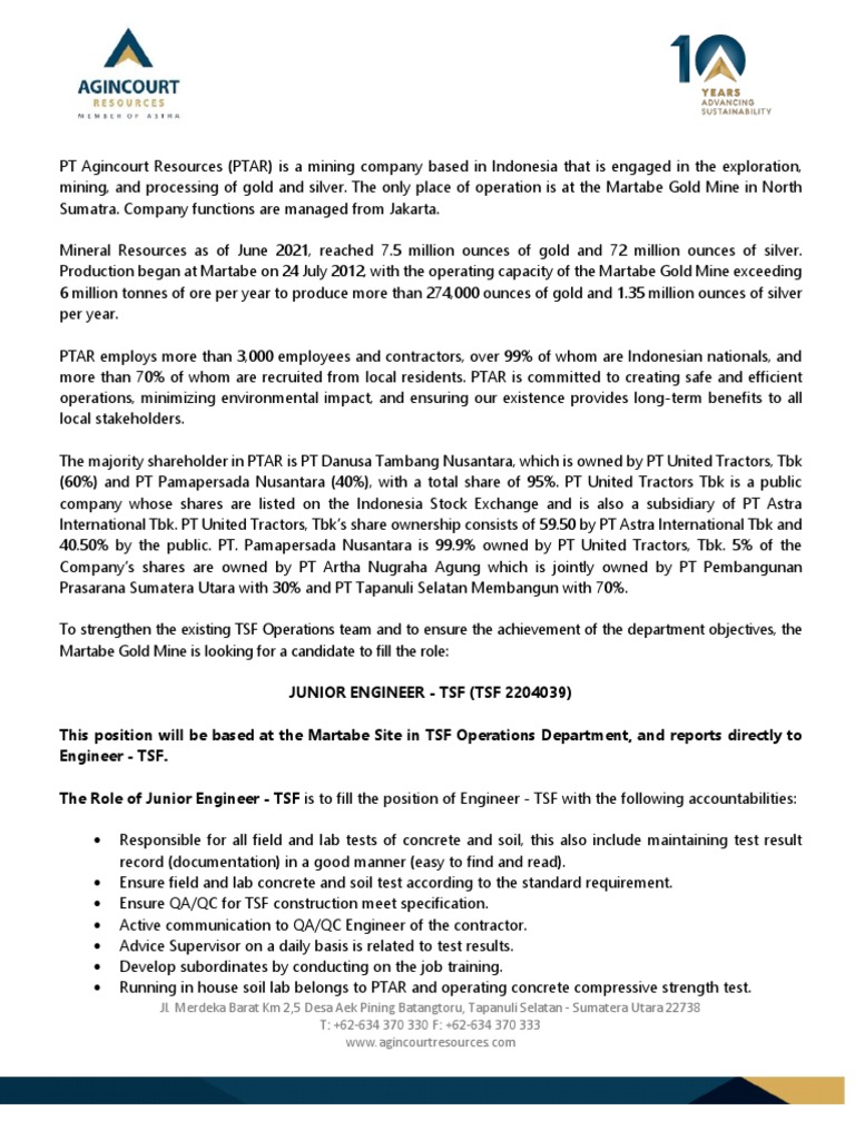 Junior Engineer TSF Job Opening at PTAR | PDF | Engineer | Mining