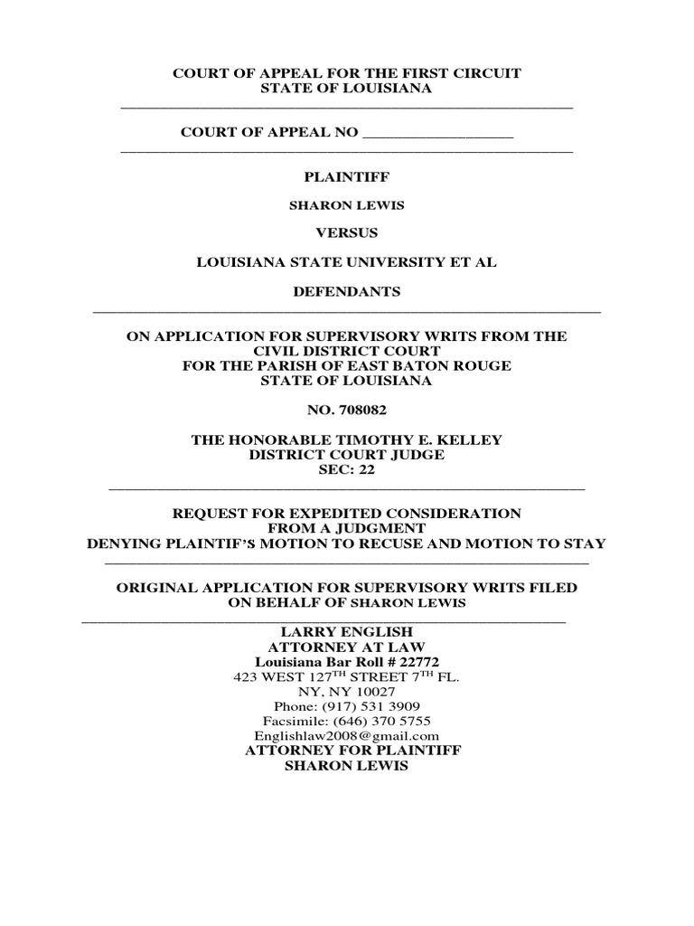 Application Supervisory For Supervisory Writs Denial of Motion To Recuse  Judge Timothy E. Kelley in The Matter of Lewis v. LSU Et Al #708092 | PDF |  Judicial Disqualification | Judge