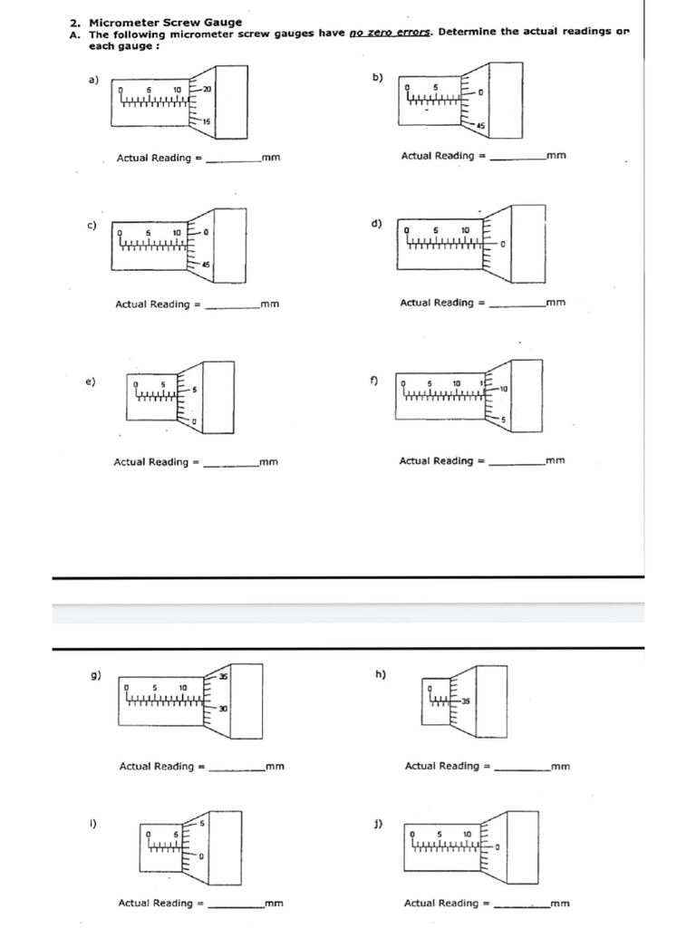 Micrometer Printable Worksheet