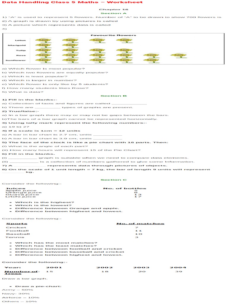Data Handling Class 5 Maths - Worksheet | PDF