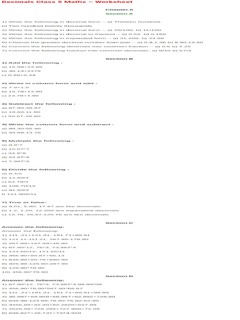Decimals Class 5 Maths - Worksheet | PDF