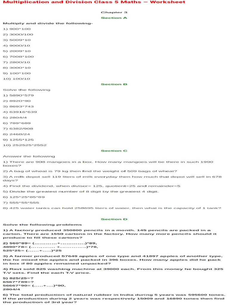 Multiplication and Division Class 5 Maths - Worksheet | PDF