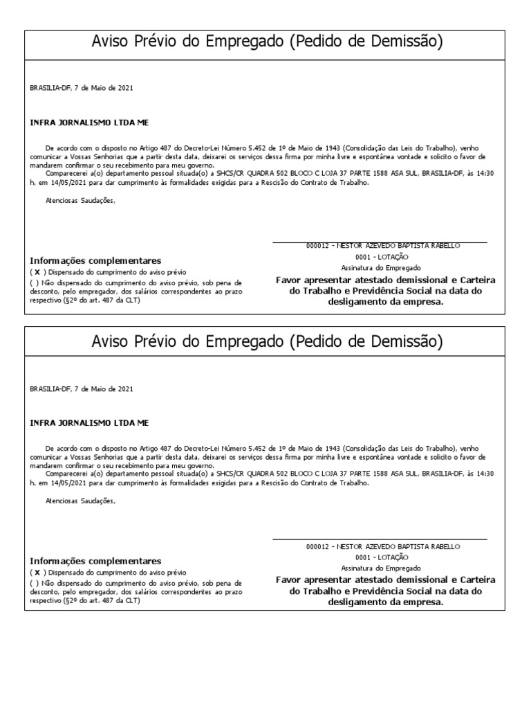 Pedido de Demissão com Aviso Prévio | PDF | Programas sociais | Business