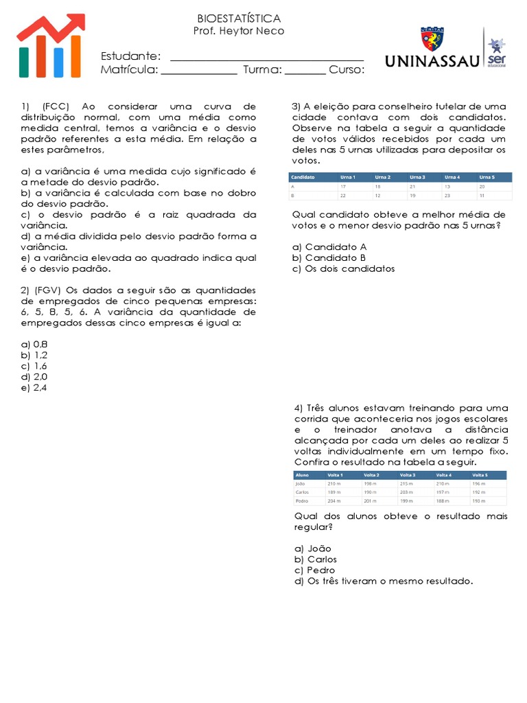 Variância e Desvio Padrão: Exercícios e Questões | PDF | Desvio padrão ...