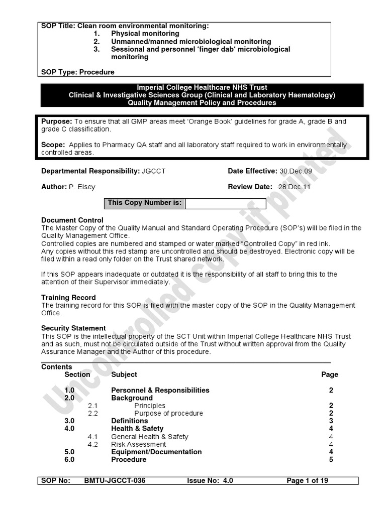 Clean Room Environmental Monitoring SOP | PDF