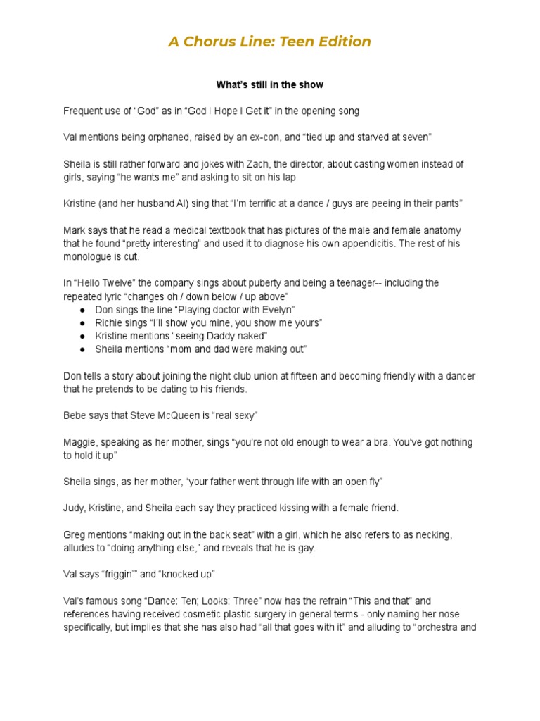 A Chorus Line Teen Edition What's Still in The Show PDF