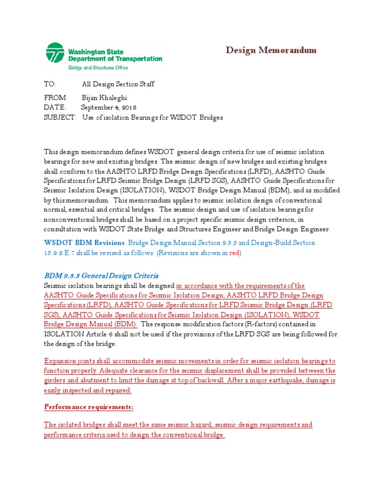 Design Memorandum WSDOT BDM Revisions Bridge Design Manual Section 9.3.3 and DesignBuild