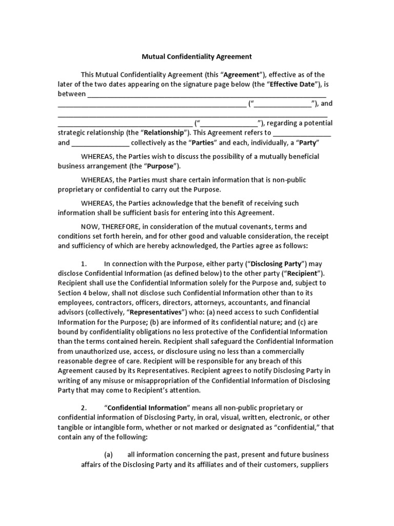 Mutual Confidentiality Agreement Template PDF Confidentiality