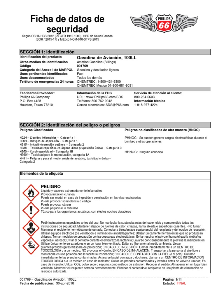 Ficha Seguridad Gasolina Aviación 100LL | PDF | Agua | Combustión