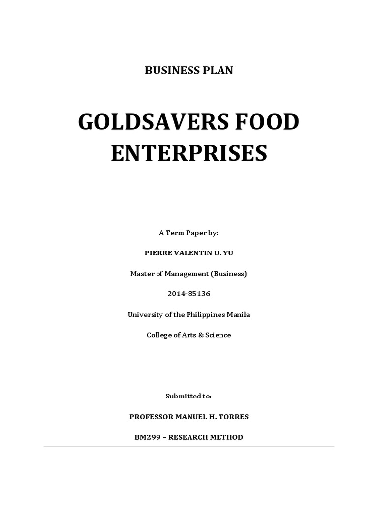 Goldsavers Food Enterprises Business Plan PDF Sole Proprietorship