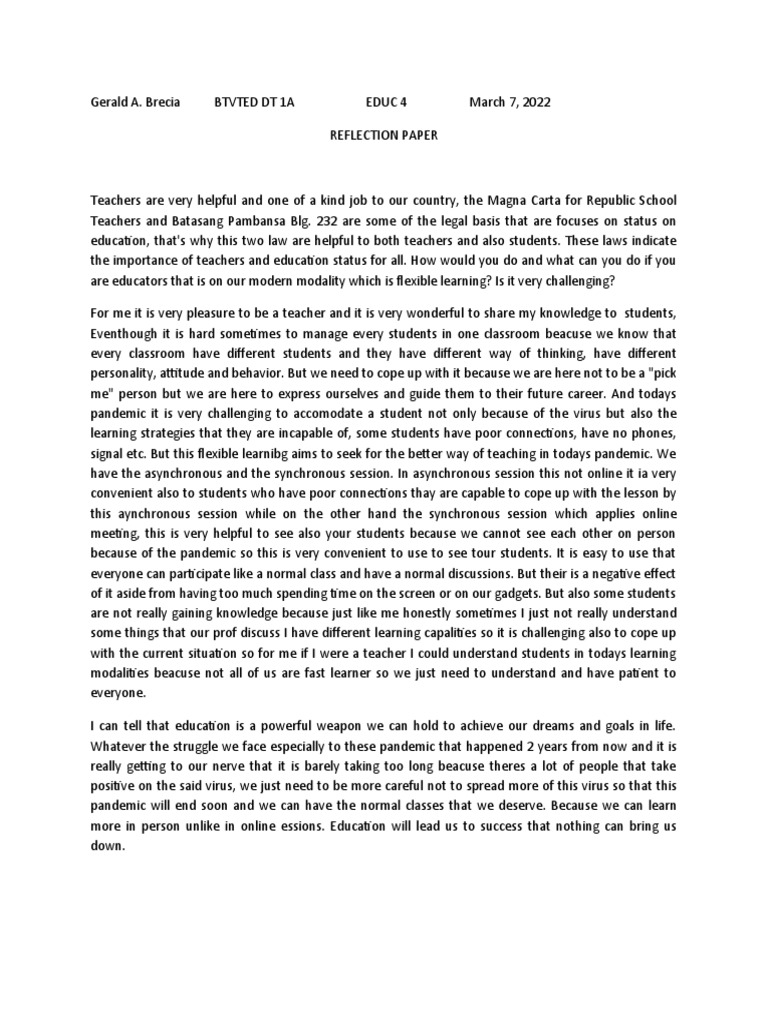 Educ 4 Reflection Paper - Gerald Brecia - Btvted DT 1a | PDF | Teachers ...
