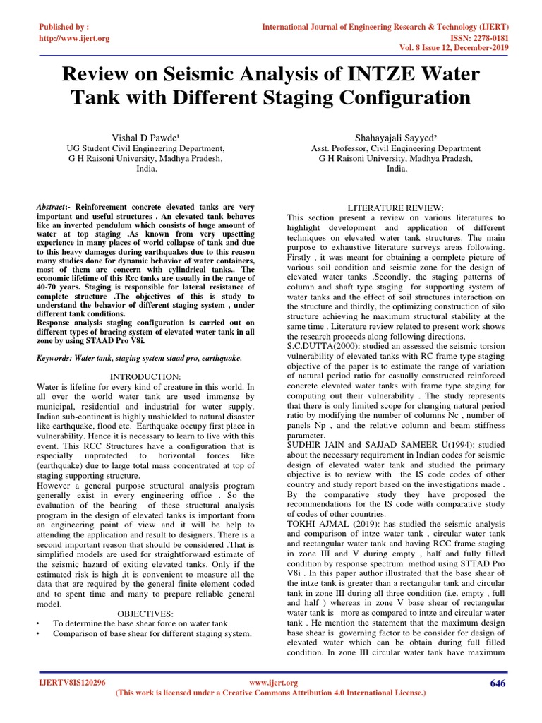 Review On Seismic Analysis of INTZE Water Tank Wit | PDF | Earthquakes ...