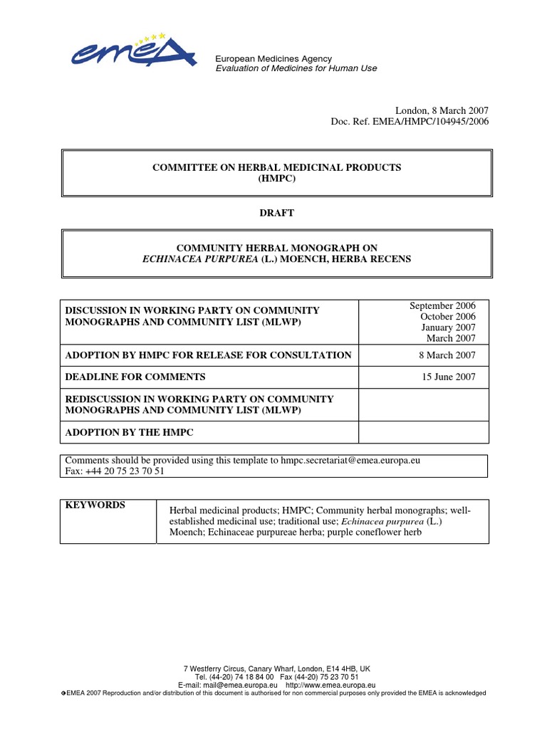 Draft Community Herbal Monograph Echinacea Purpurea L Moench Herba