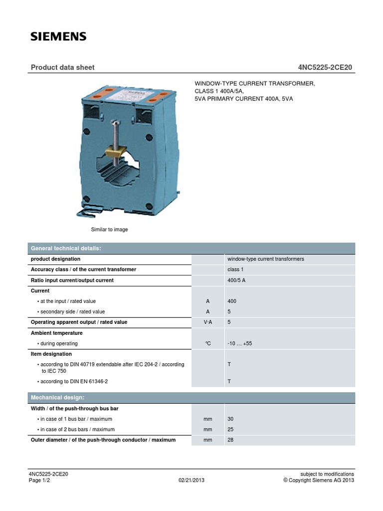 Product Data Sheet 4NC52252CE20 WindowType Current Transformer