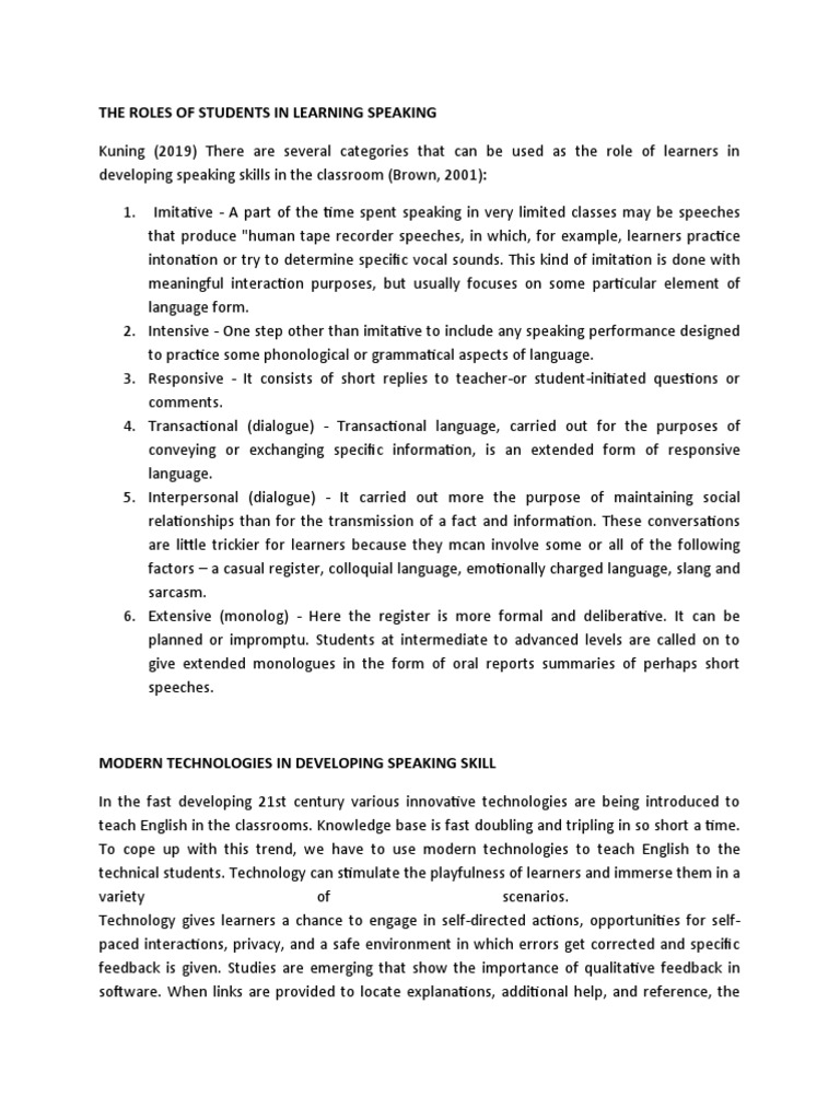 Roles and Modern Technology Speaking Skills | PDF | Speech | Learning