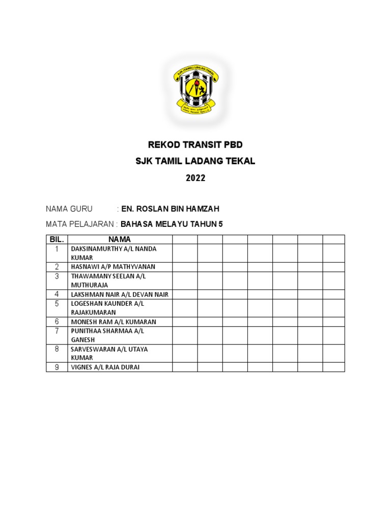 Rekod Transit PBD BM T.5 | PDF