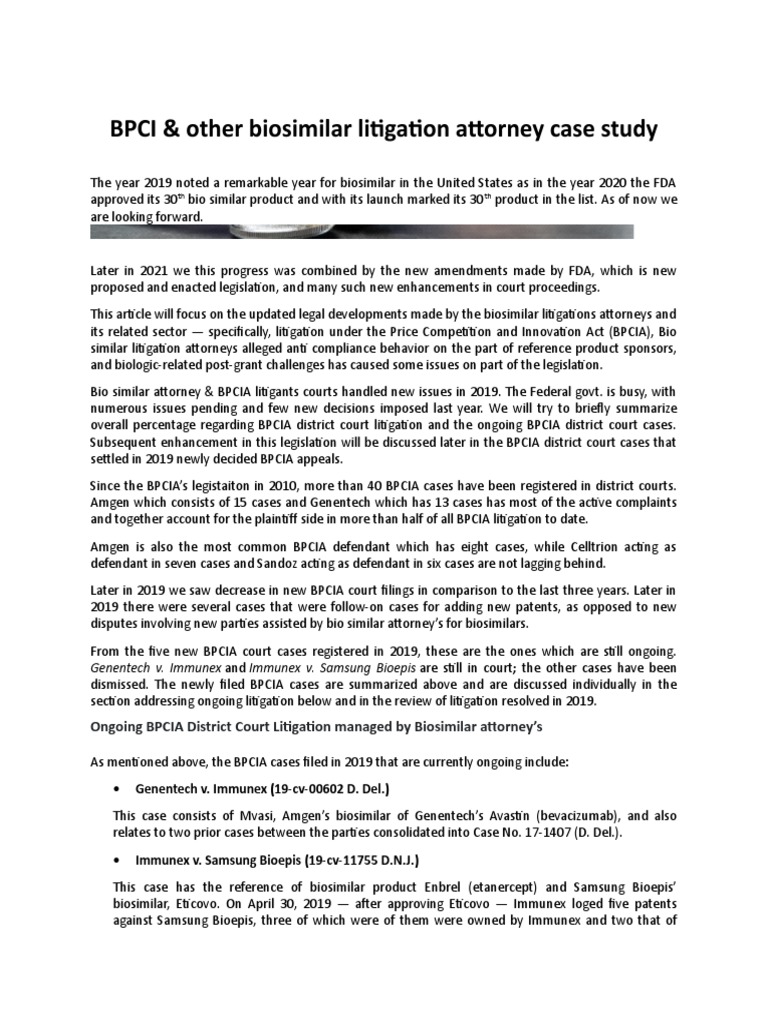 BPCI & Other Biosimilar Litigation Attorney Case Study | PDF | Lawsuit ...