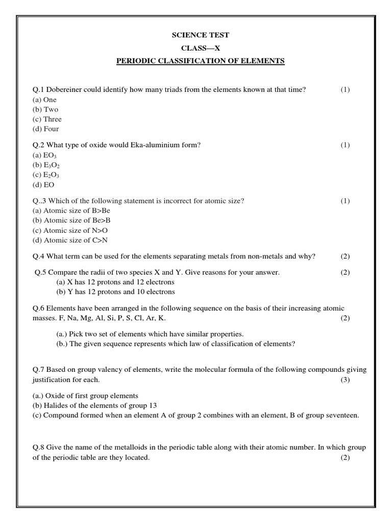 Science Test Class-X Periodic Classification of Elements | PDF ...