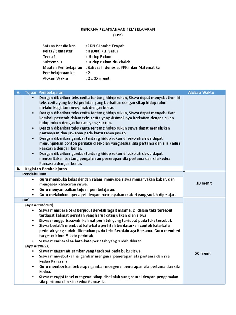 RPP Tematik Kelas 2: Hidup Rukun | PDF