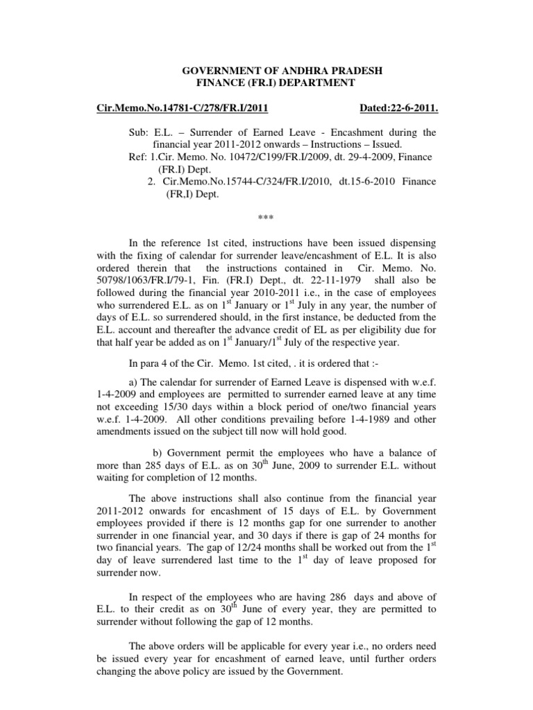 Instructions on surrender of earned leave of ap govt employees 2011 12