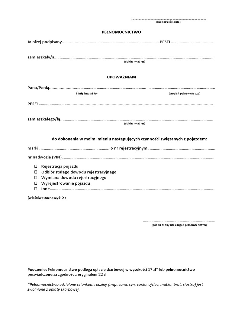 Upowaznienie rejestracja pojazdow pdf