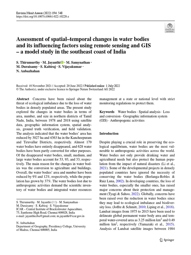 Assessment of Spatial-Temporal Changes in Water Bodies and Its ...