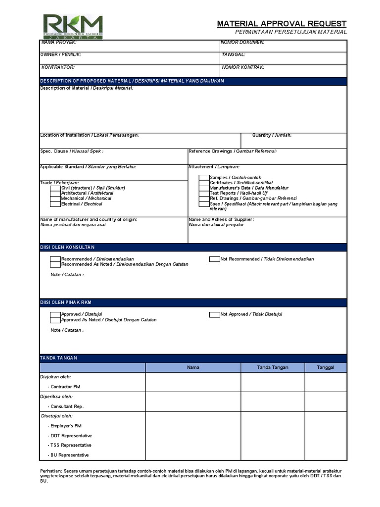 Formulir Permintaan Persetujuan Material | PDF