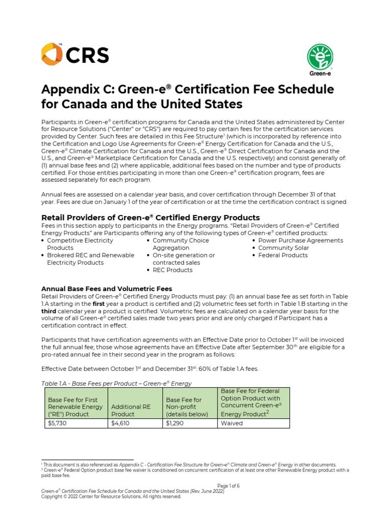 GreenE Certification Fee Schedule PDF Carbon Offset Fee