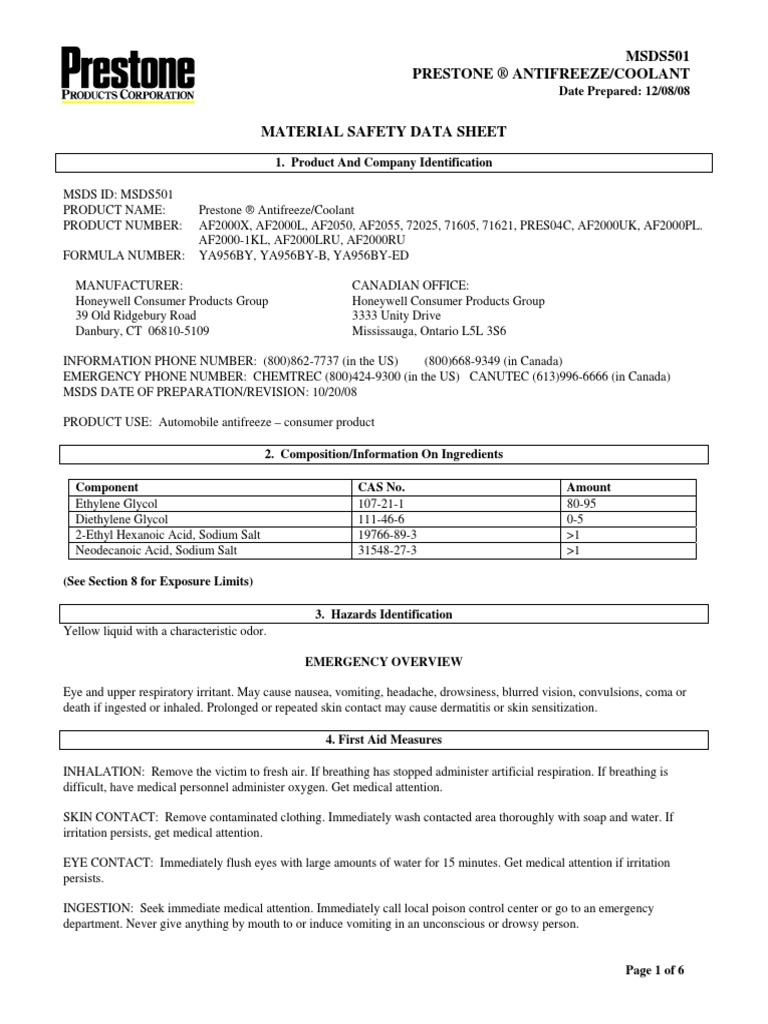 MSDS PRESTONE ANTIFREEZE COOLANT PDF Occupational Safety And Health Chemistry