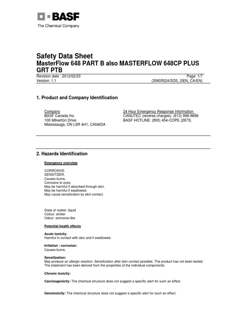 Safety Data Sheet: Masterflow 648 Part B Also Masterflow 648Cp Plus GRT ...