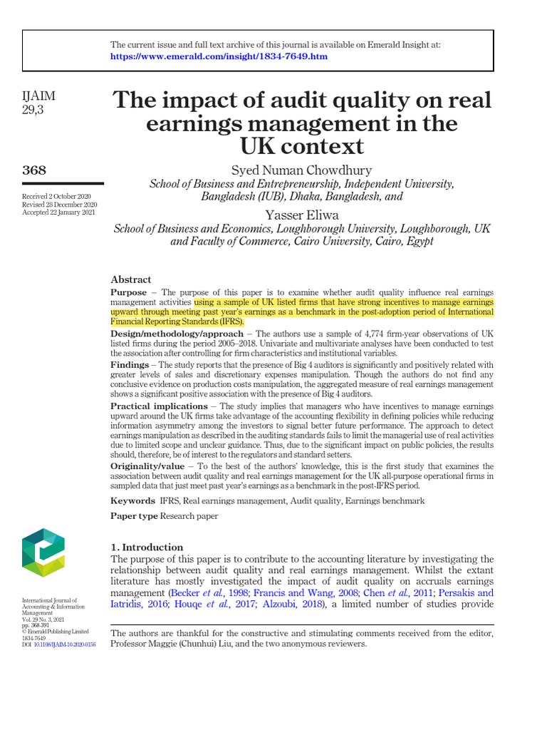 The Impact of Audit Quality On Real Earnings Management in The UK ...