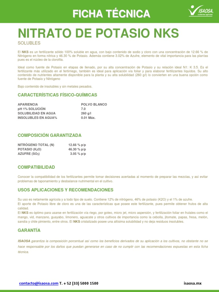 Ficha Técnica Nitrato de Potasio NKS | PDF | Fertilizante | Agua