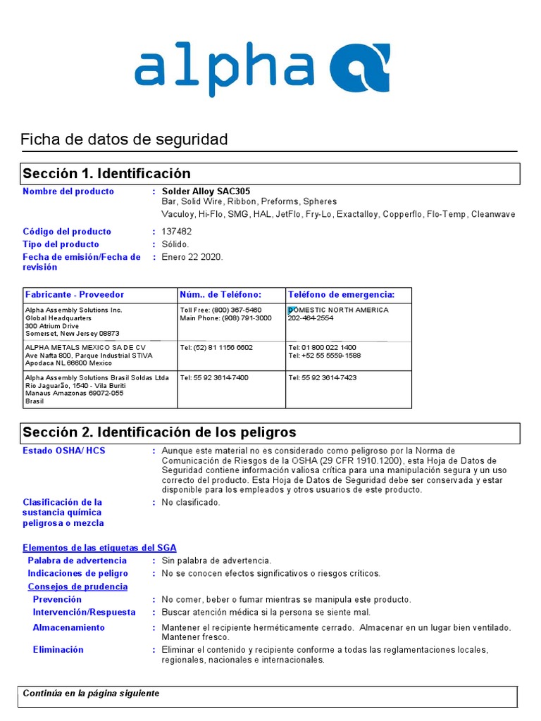 HDS 44 Solder Alloy SAC305 (1) Spanish PDF Residuos Agua