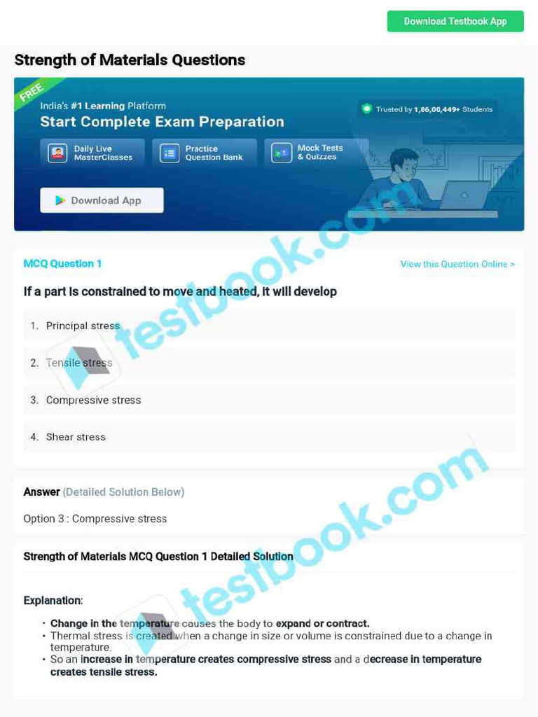 MCQ On Strength of Materials 5eea6a0b39140f30f369de8b PDF