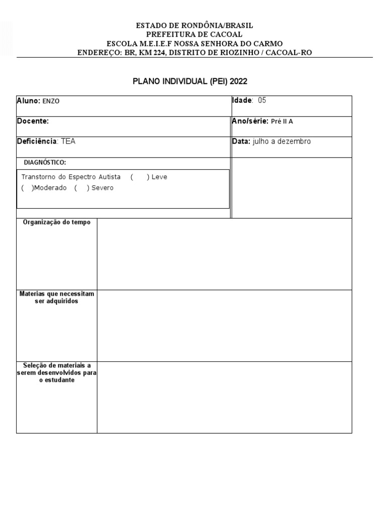 Plano individual para aluno com TEA | PDF | Aprendizado | Ciência cognitiva