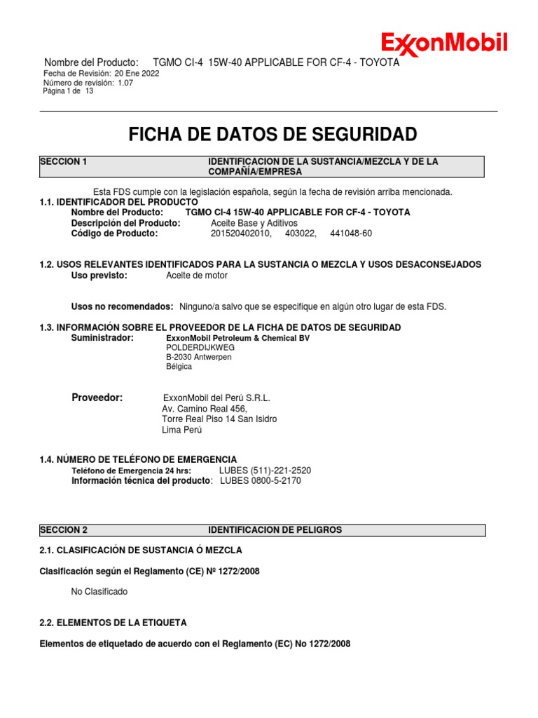 MSDS Tgmo Ci4 15W40 Aceite De Motor 2022 PDF Agua, 49 OFF