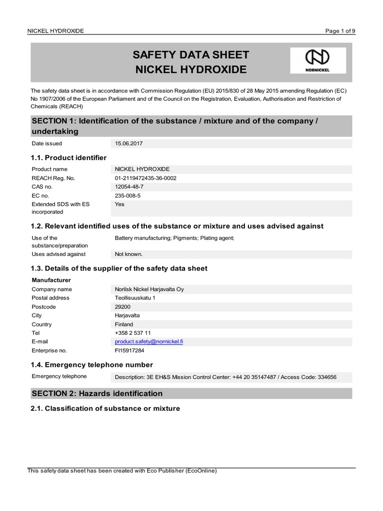 Safety Data Sheet Nickel Hydroxide: SECTION 1: Identification of The ...