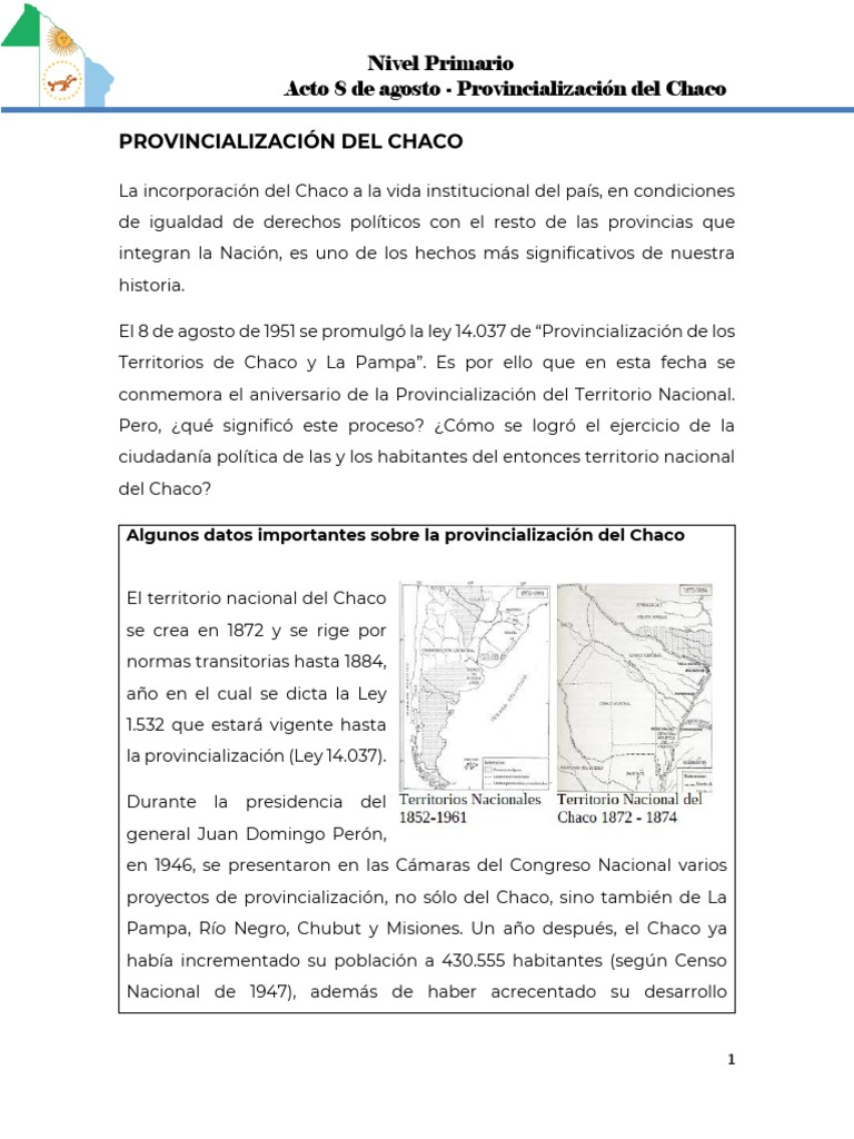 Provincialización del Chaco en 1951 PDF Gobierno