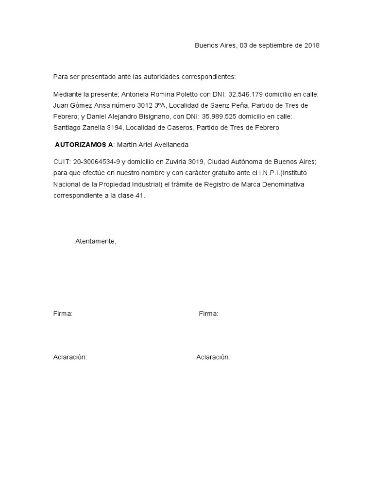 Ejemplo de Carta de Autorización Para Trámites PDF