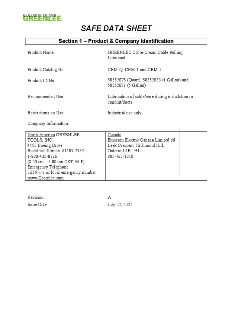 F.D.S Greenlee CRM Cable Pulling Lube SDS PDF Toxicity Water