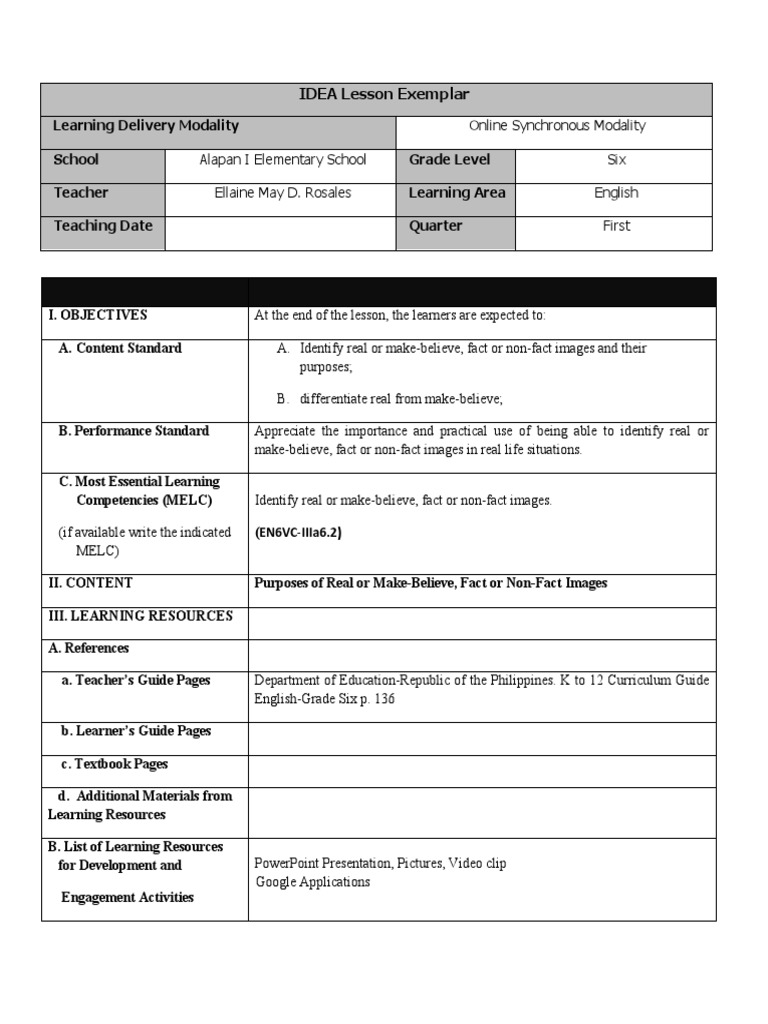 Lesson Exemplar English 6 Quarter 1 Melc 1 | PDF | Learning | Knowledge
