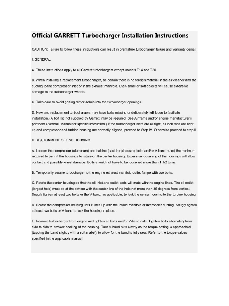 Garrett Turbocharger Installation Instructions PDF