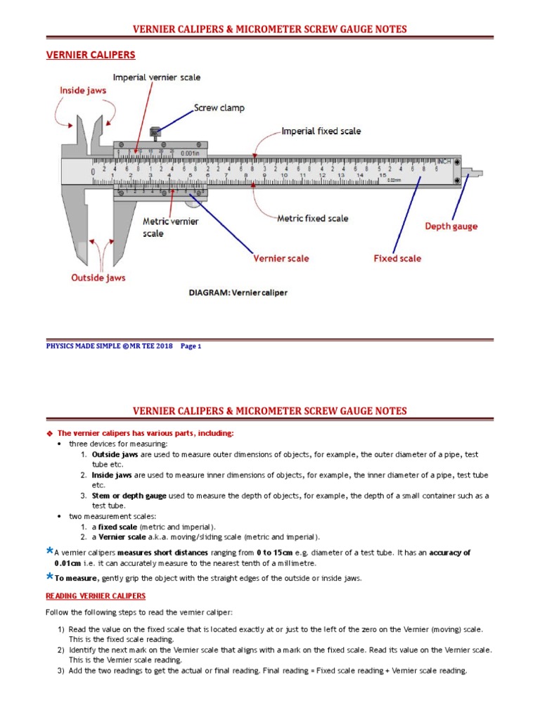 Vernier Calipers Micrometer Screw Gauge Notes PDF Metrology